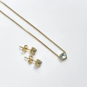 Conjunto com pedra de cristal oval verde aqua banhado a ouro 18K 45cm Ajustável