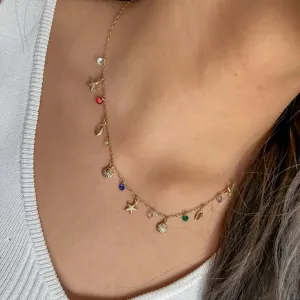 COLAR ESTRELA E CONCHA DO MAR COM CRISTAIS COLORIDO BANHADO A OURO 18 K AJUSTÁVEL 50CM