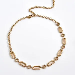 COLAR ELOS QUADRADO E REDONDO COM ZIRCONIAS BANHADO A OURO 18K AJUSTÁVEL 45CM