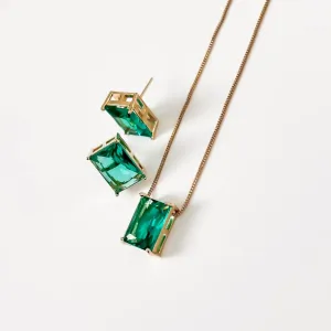 CONJUNTO CRISTAL VERDE RETANGULAAR BANHADO A OURO 18K