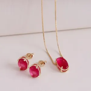 CONJUNTO OVAL PEDRA CRISTAL ROSA BANHADO A OURO 18K 42CM