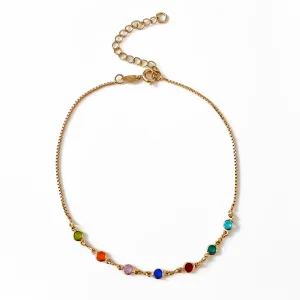 TORNOZELEIRA CRISTAIS REDONDO COLORIDO BANHADO A OURO 18K