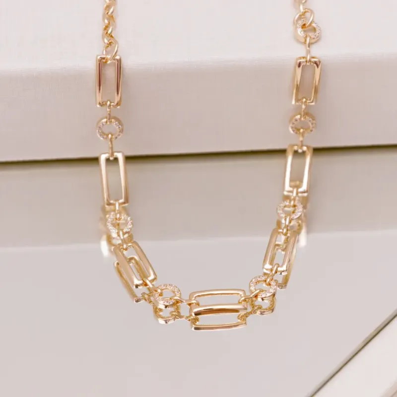 COLAR ELOS QUADRADO E REDONDO COM ZIRCONIAS BANHADO A OURO 18K AJUSTÁVEL 45CM