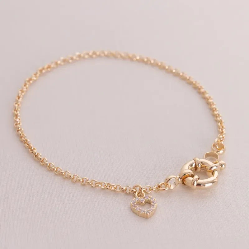 PULSEIRA CORAÇÃO CRAVEJADO FECHO BOIA BANHADO A OURO 18K