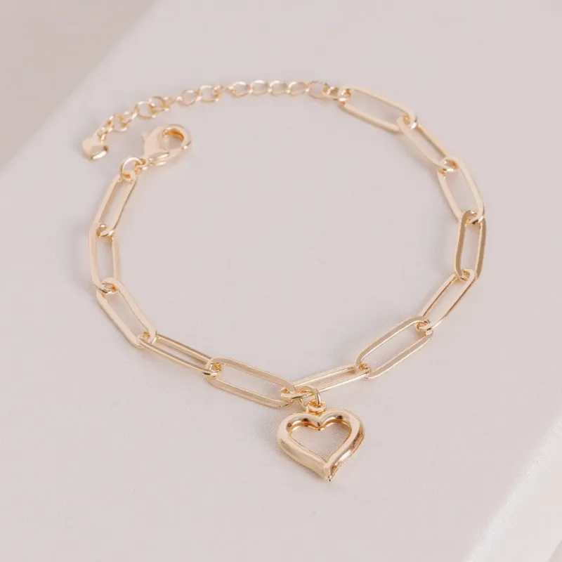 PULSEIRA ELO COM PINGENTE DE CORAÇÃO BANHADO A OURO 18K