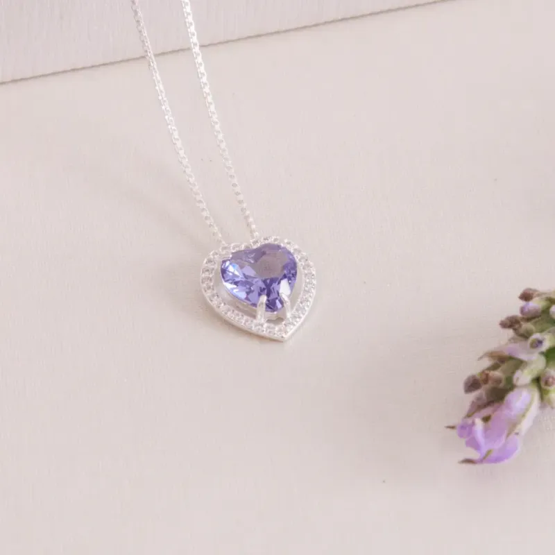 COLAR PRATA 925 CORAÇÃO LAVANDA 45CM