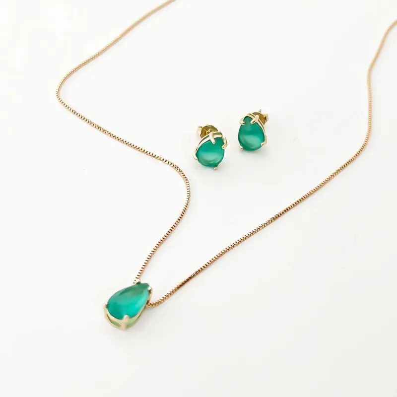 CONJUNTO GOTA VERDE PARAIBA BANHADO A OURO 18K 50CM