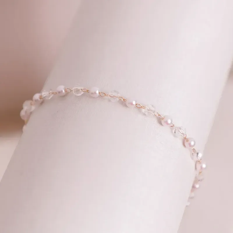PULSEIRA PÉROLA E CRISTAL FACETADO BANHADO A OURO 18K