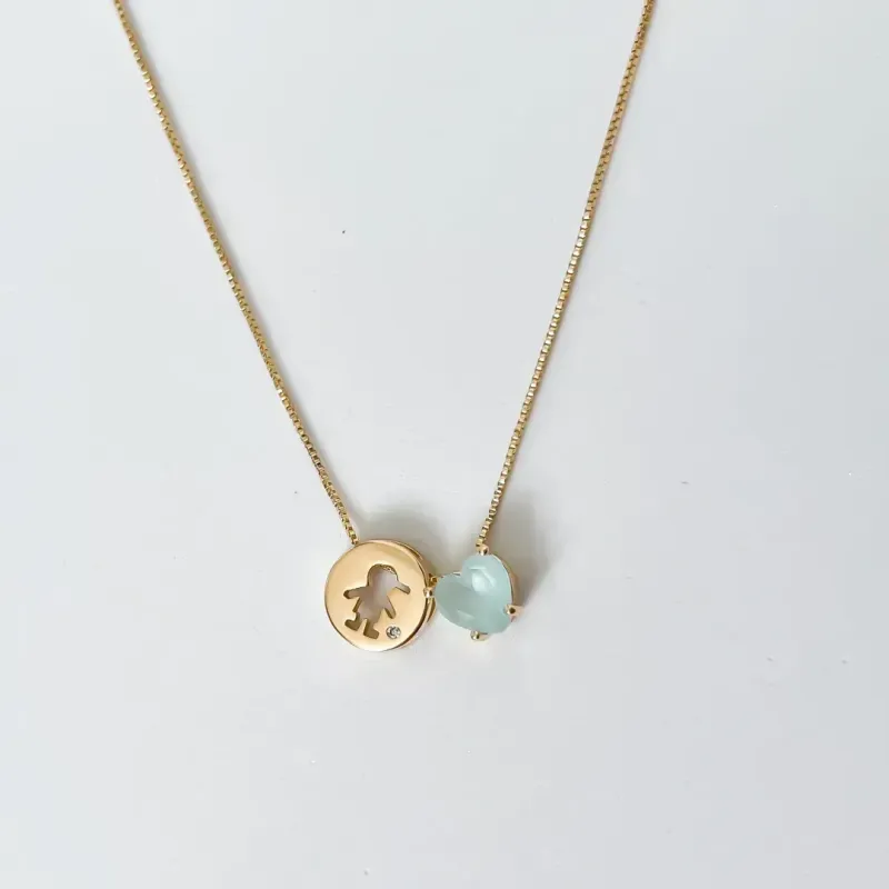 COLAR FILHO MENINO COM CRISTAL AZUL BANHADO A OURO 18K