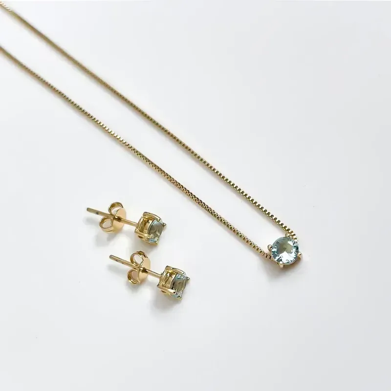 Conjunto com pedra de cristal oval aqua banhado a ouro 18K 45cm Ajustável
