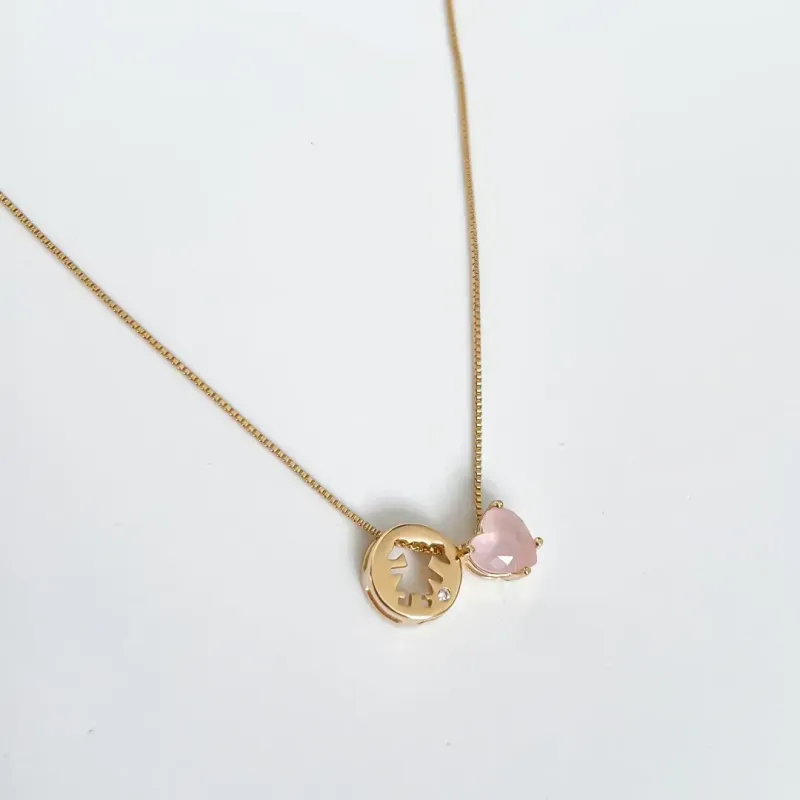 COLAR FILHA MENINA COM CRISTAL ROSA BANHADO A OURO 18K
