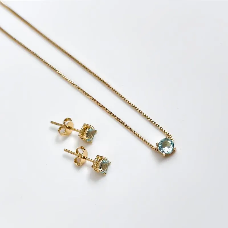 Conjunto com pedra de cristal oval aqua banhado a ouro 18K 45cm Ajustável