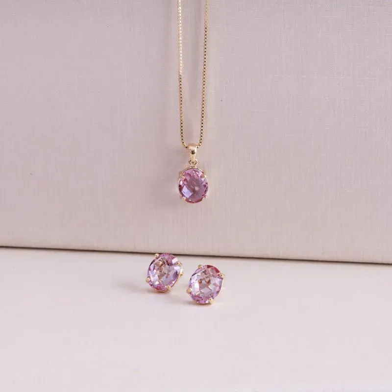 CONJUNTO OVAL CRISTAL LAVANDA BANHADO A OURO 18K AJUSTÁVEL 45CM