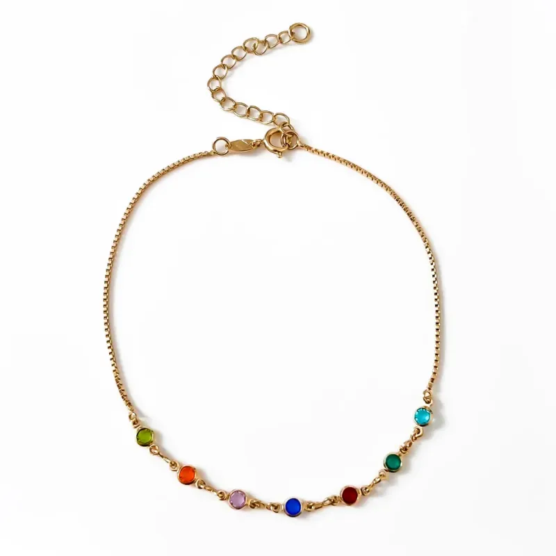 TORNOZELEIRA CRISTAIS REDONDO COLORIDO BANHADO A OURO 18K