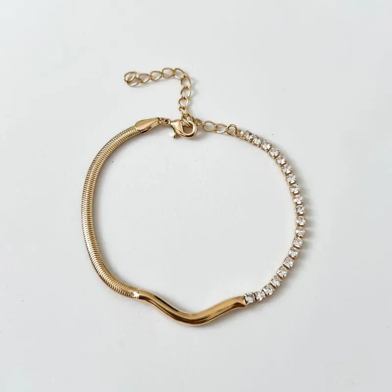 Pulseira Duo snake e rivieira banhado a ouro 18k