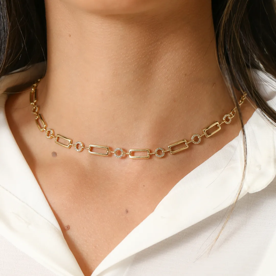COLAR ELOS QUADRADO E REDONDO COM ZIRCONIAS BANHADO A OURO 18K AJUSTÁVEL 45CM