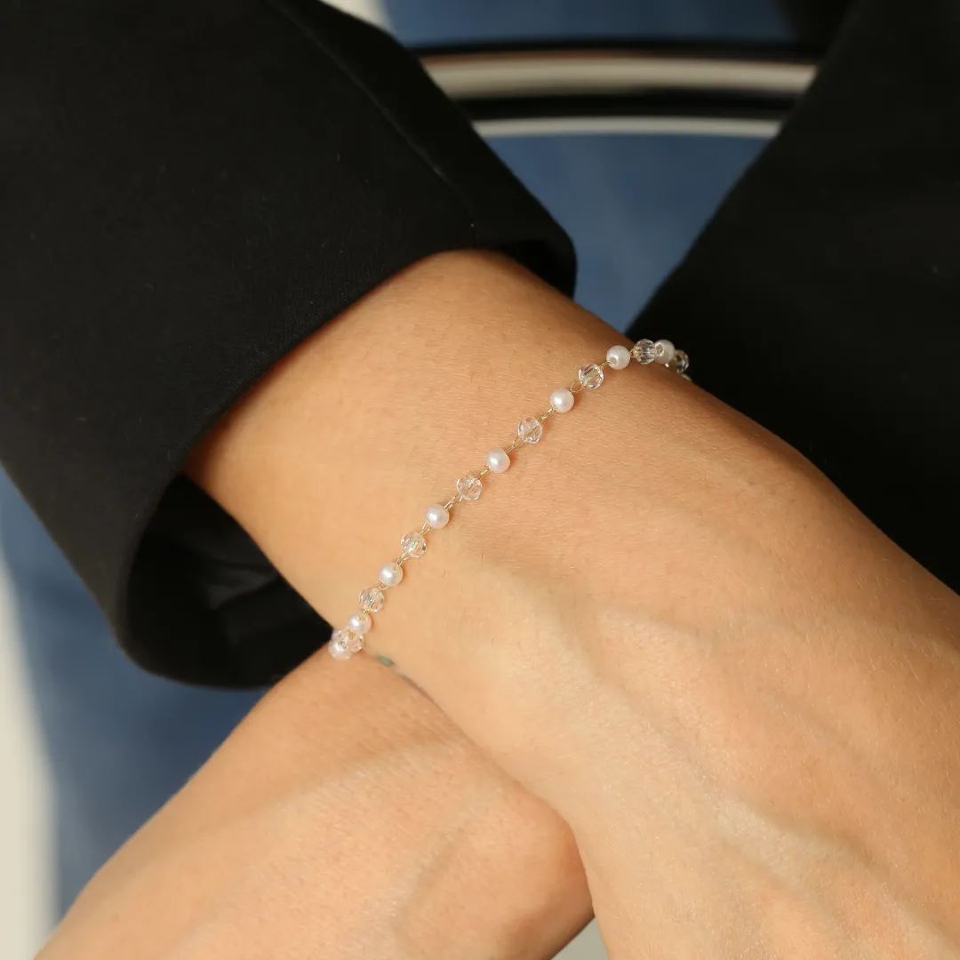 PULSEIRA PÉROLA E CRISTAL FACETADO BANHADO A OURO 18K