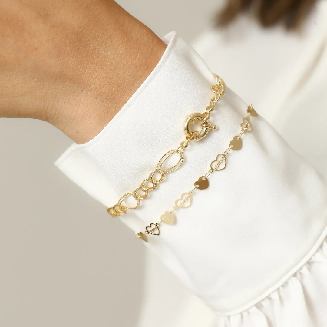 PULSEIRA CORAÇÃO LISO E VASADO AMOR BANHADO A OURO 18K