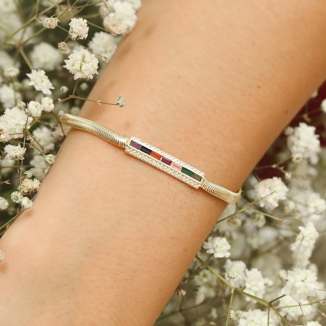 PULSEIRA PALITO COM ZIRCÔNIA BAGUETE COLOR BANHADO A OURO 18K