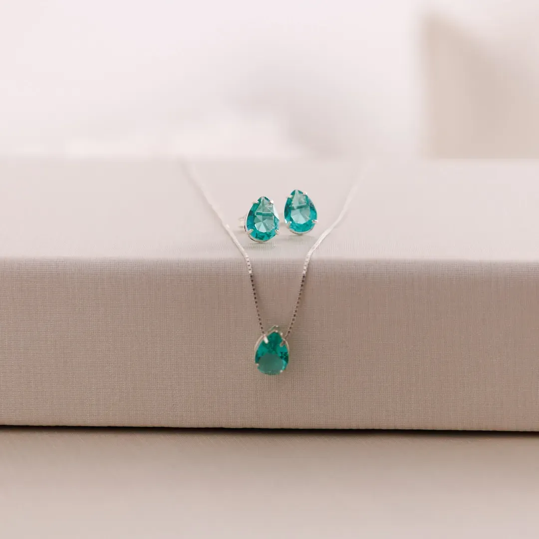 CONJUNTO PRATA 925  GOTA VERDE