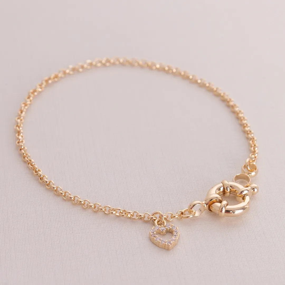 PULSEIRA CORAÇÃO CRAVEJADO FECHO BOIA BANHADO A OURO 18K
