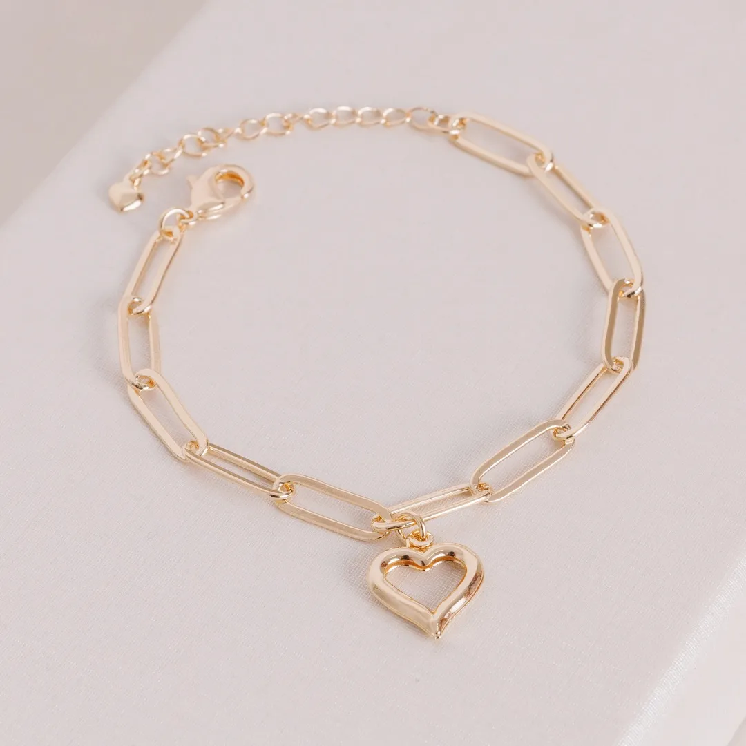 PULSEIRA ELO COM PINGENTE DE CORAÇÃO BANHADO A OURO 18K