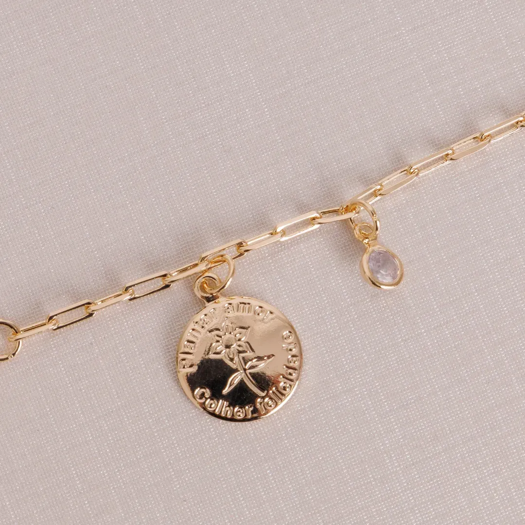 PULSEIRA PLANTAR AMOR COLHER FELICIDADE BANHADO A OURO 18K