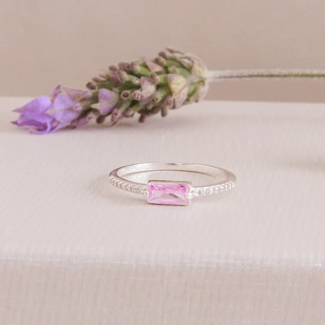 ANEL PRATA 925 COM CRISTAL ROSA RETANGULAR