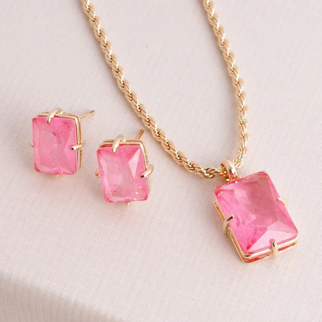 CONJUNTO RETANGULAR PEDRA FUSION PREMIUM ROSA BANHADO A OURO 18K