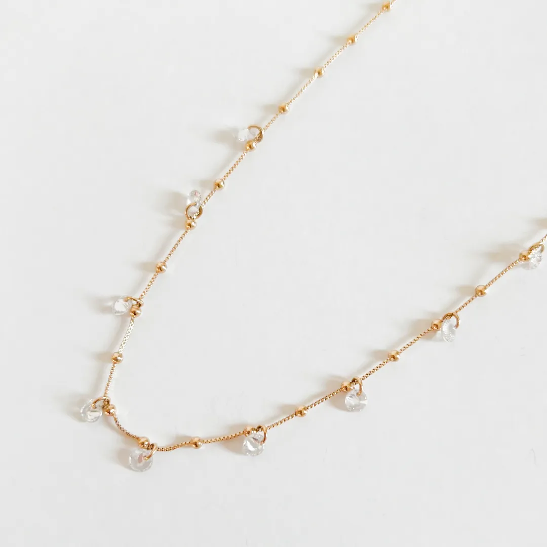 COLAR CRISTAL COM ZIRCONIAS E BOLINHA DOURADO BANHADO A OURO 18K AJUSTÁVEL 45CM