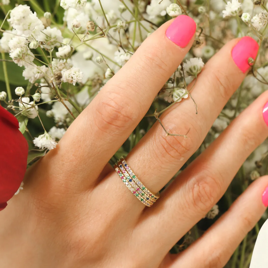 ANEL 3 EM 1 CRAVEJADO COM ZIRCONIAS COLORIDAS BANHADO A OURO 18K