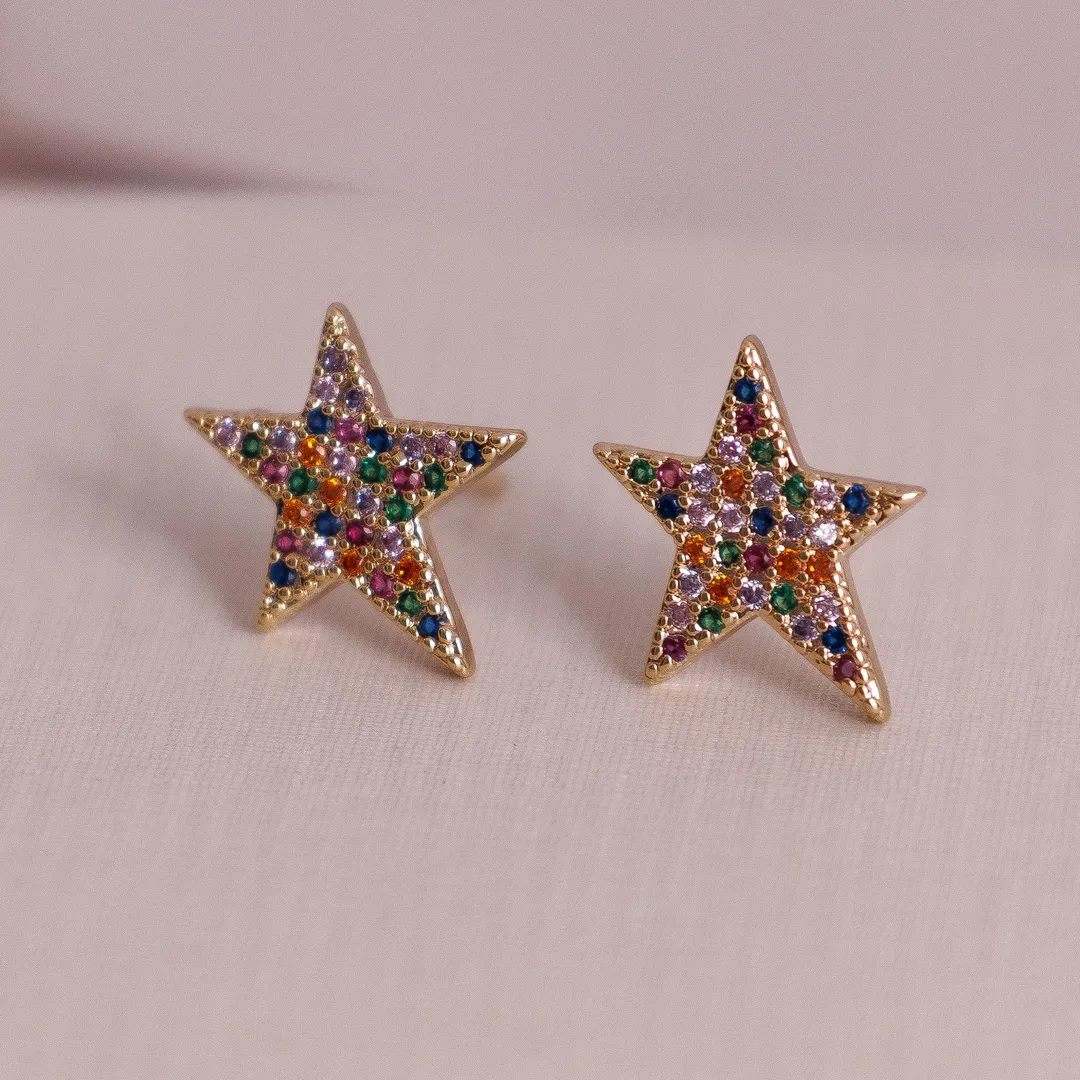 BRINCO ESTRELA CRAVEJADA ZIRCONIA COLORIDA BANHADO A OURO 18K