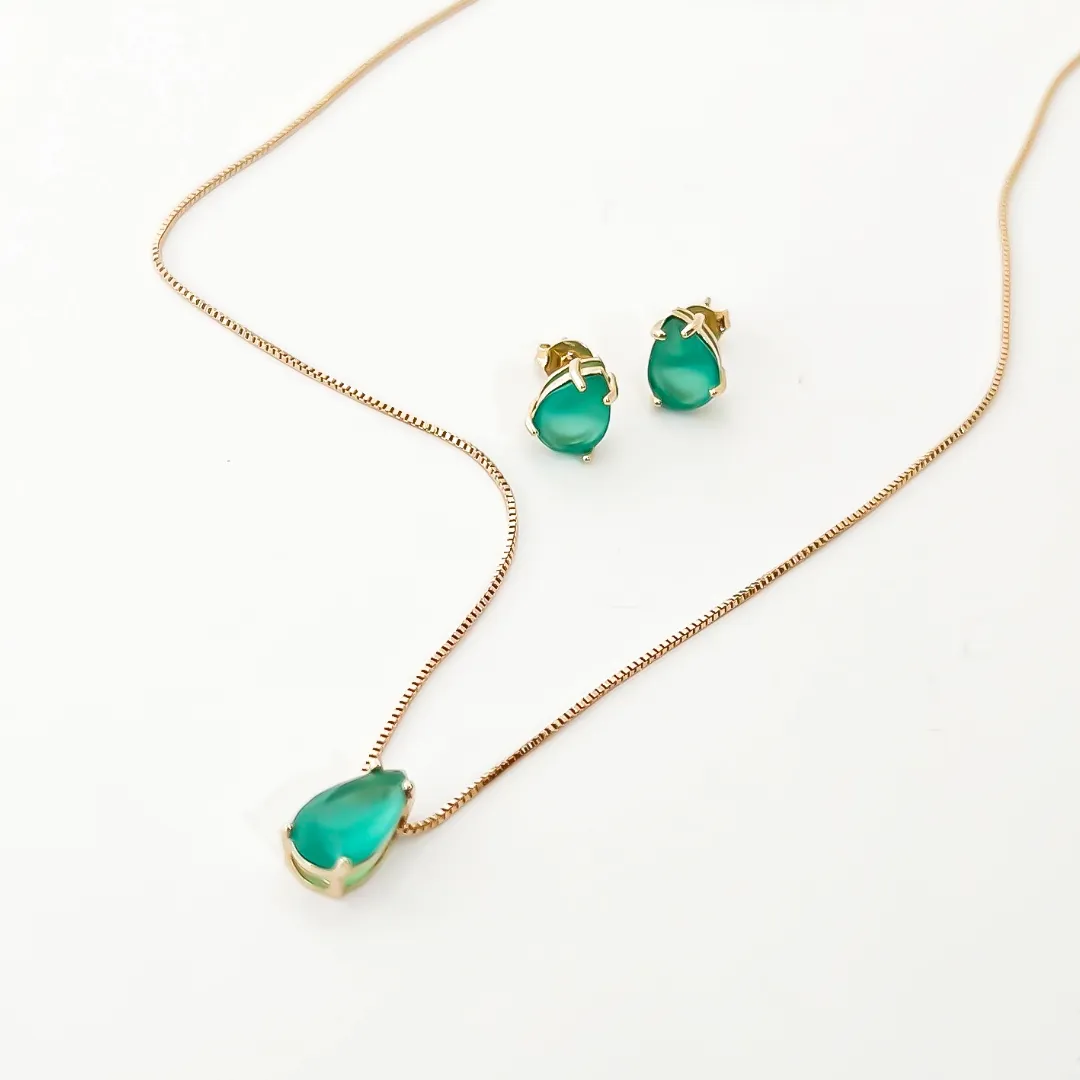 CONJUNTO GOTA VERDE PARAIBA BANHADO A OURO 18K 50CM