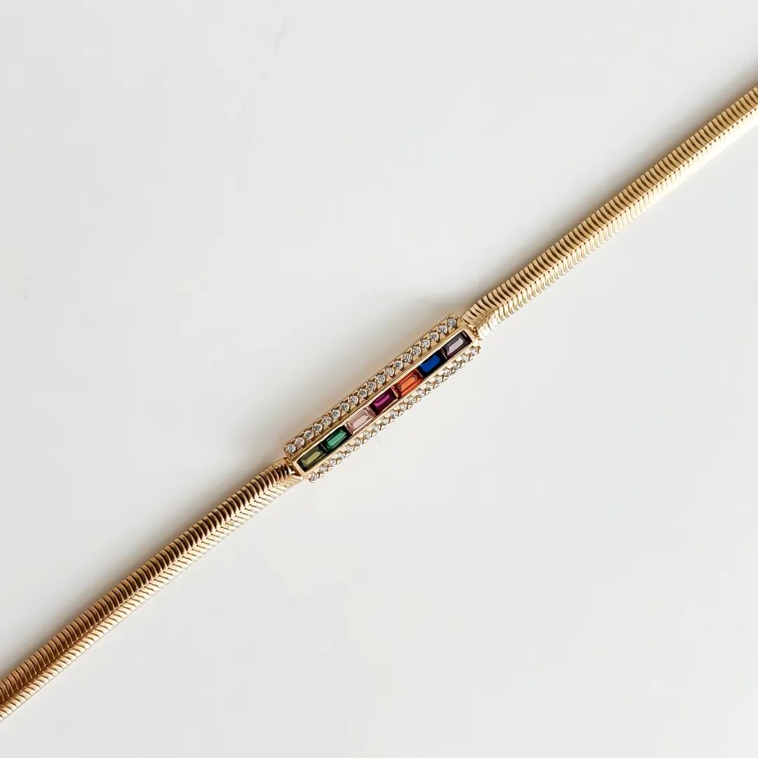 PULSEIRA PALITO COM ZIRCÔNIA BAGUETE COLOR BANHADO A OURO 18K