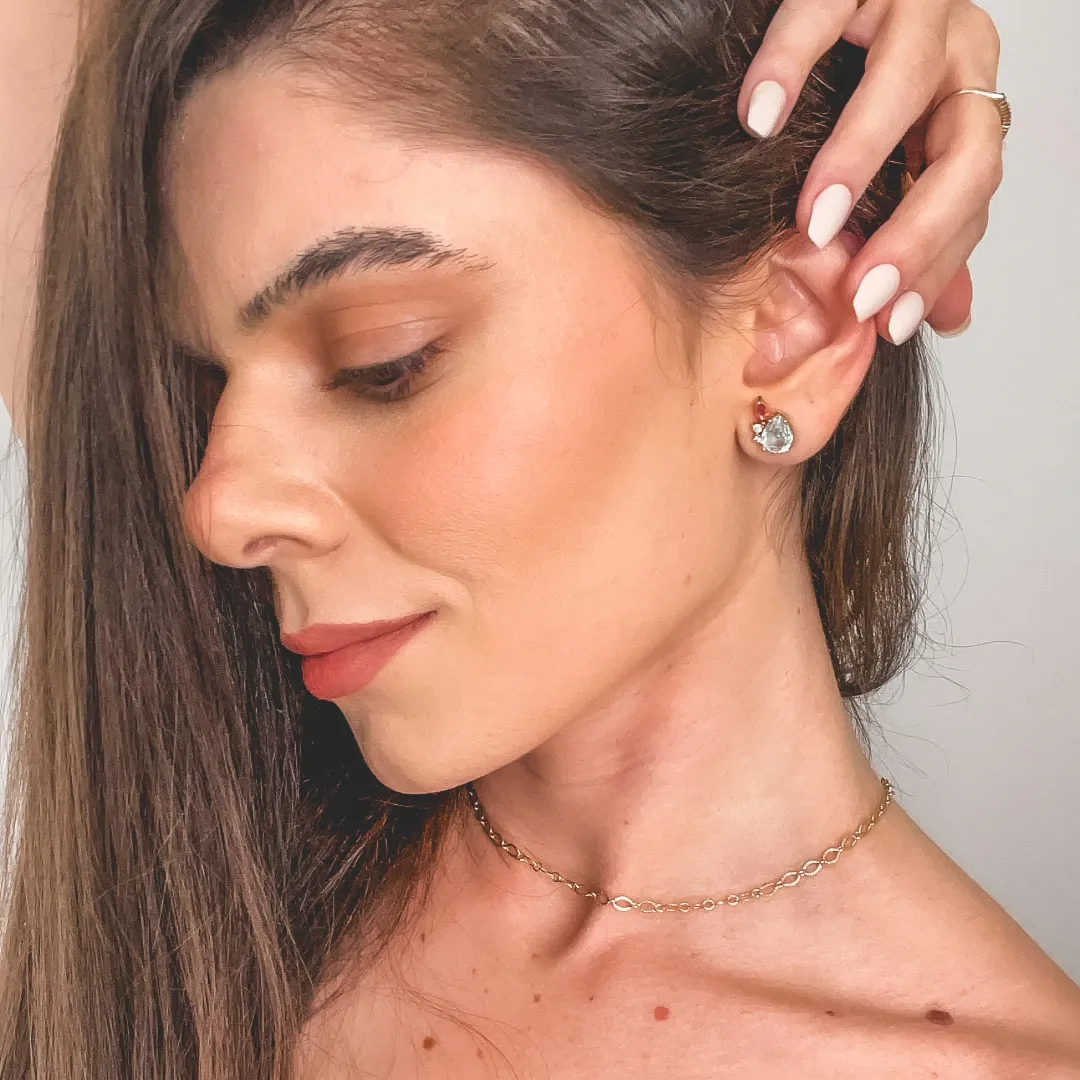 BRINCO CRISTAL AZUL COM ZIRCONIA ROSA BANHADO A OURO 18K