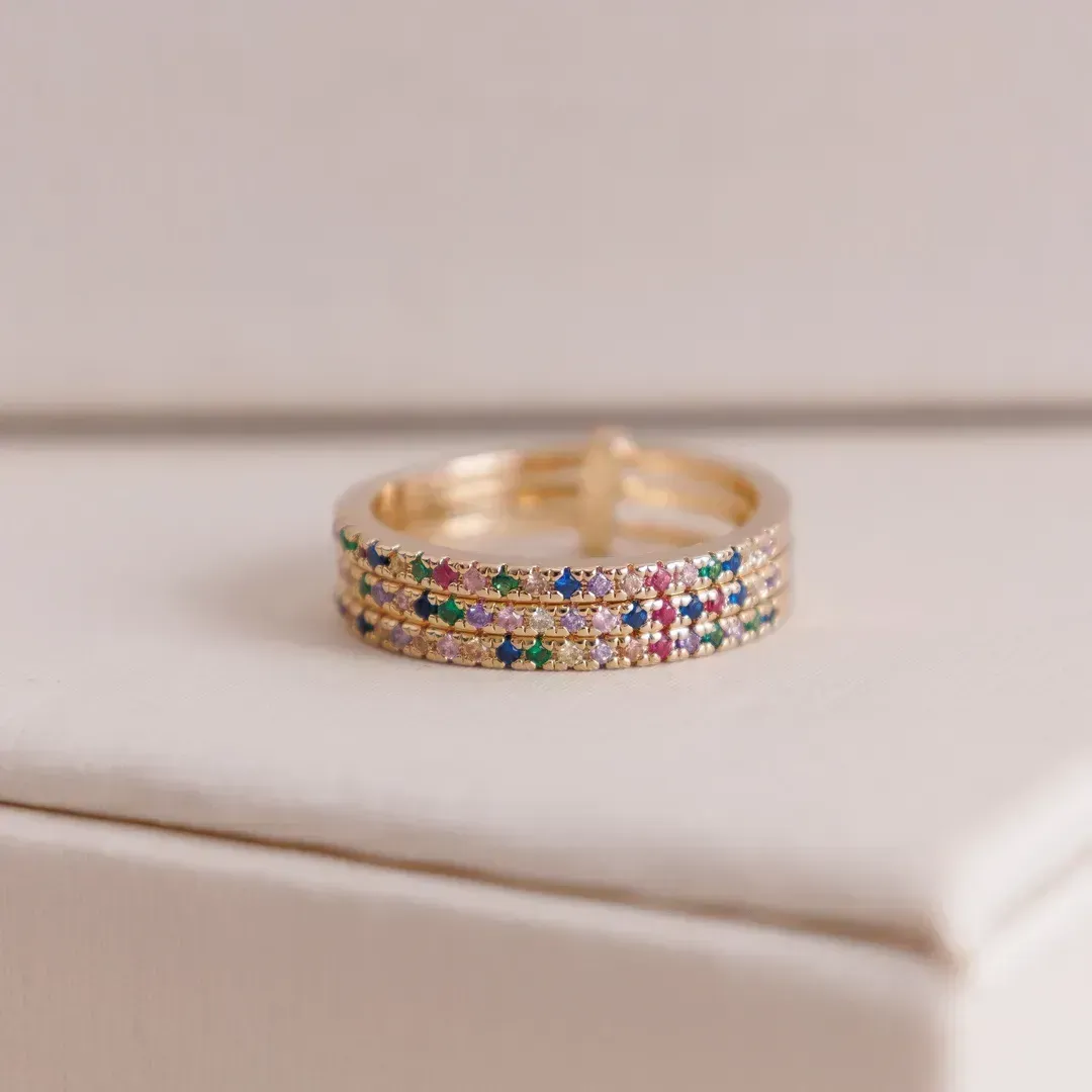 ANEL 3 EM 1 CRAVEJADO COM ZIRCONIAS COLORIDAS BANHADO A OURO 18K