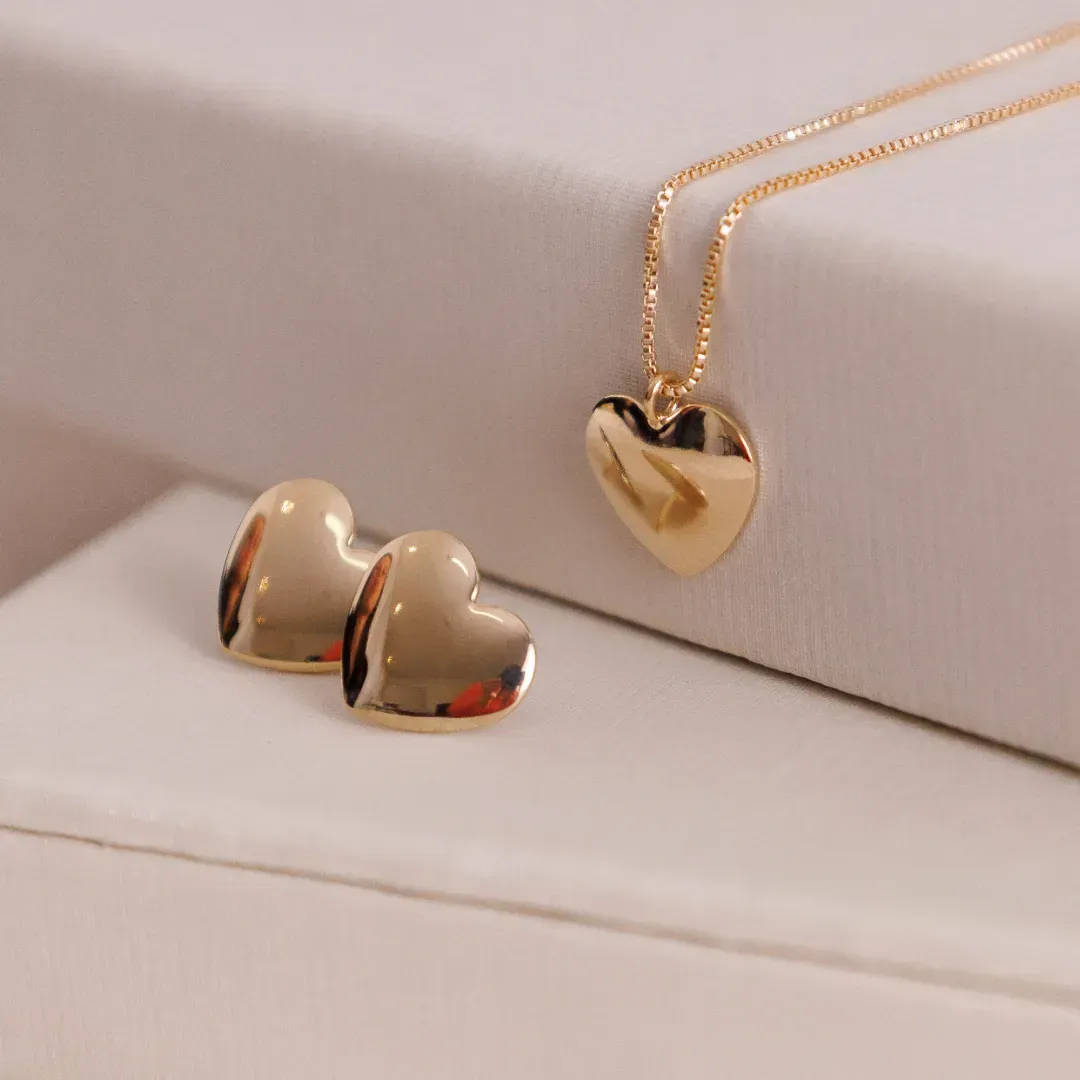 CONJUNTO CORAÇÃO LISO BANHADO A OURO 18K 50CM