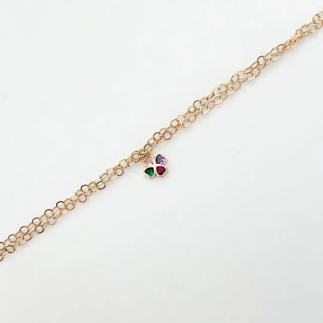 PULSEIRA ELOS COM PINGENTE TREVO COLORIDO BANHADO A OURO 18 K