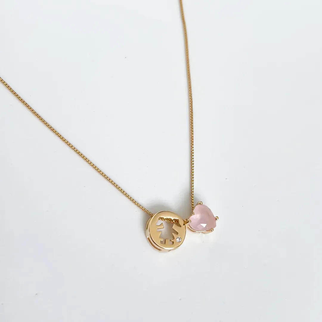COLAR FILHA MENINA COM CRISTAL ROSA BANHADO A OURO 18K