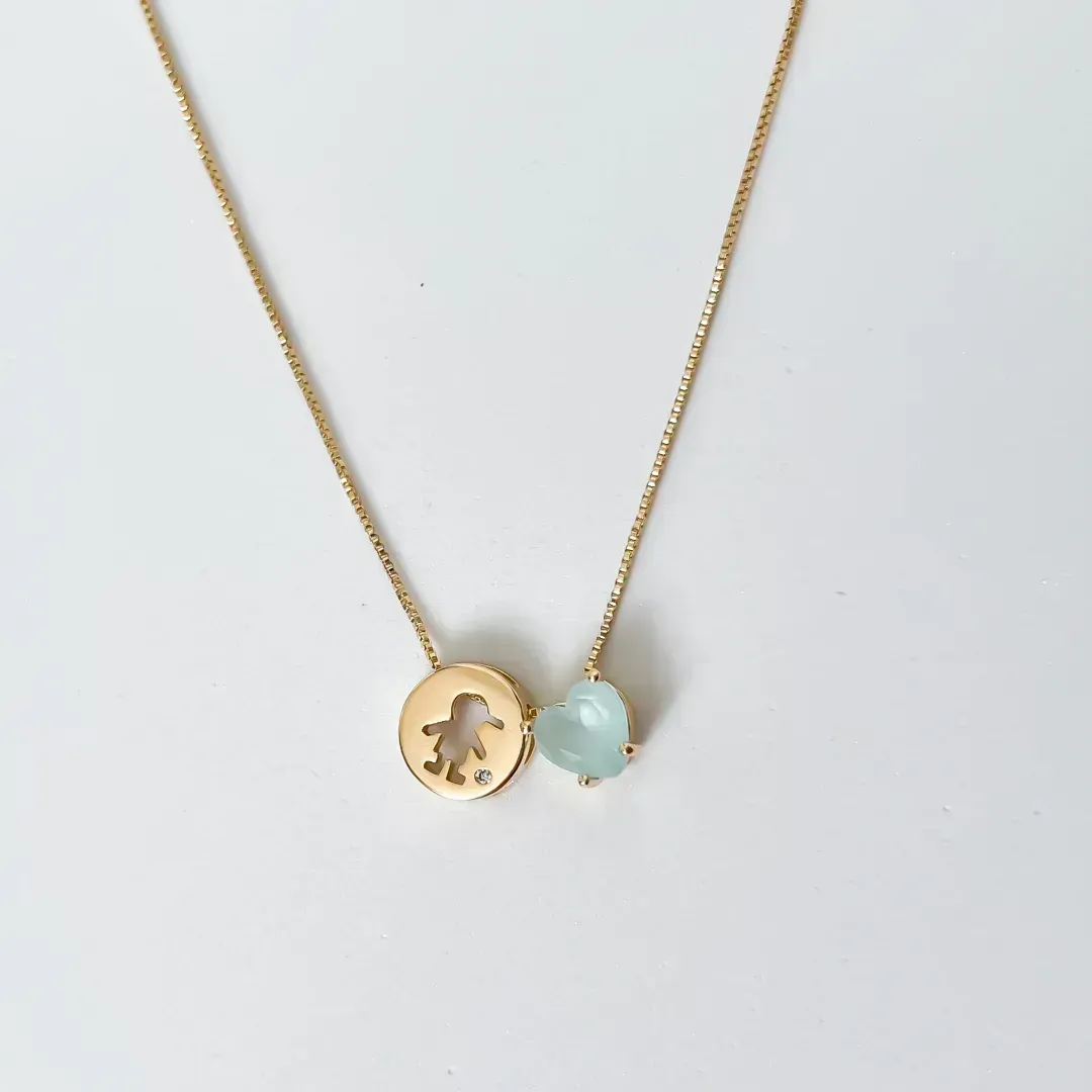 COLAR FILHO MENINO COM CRISTAL AZUL BANHADO A OURO 18K