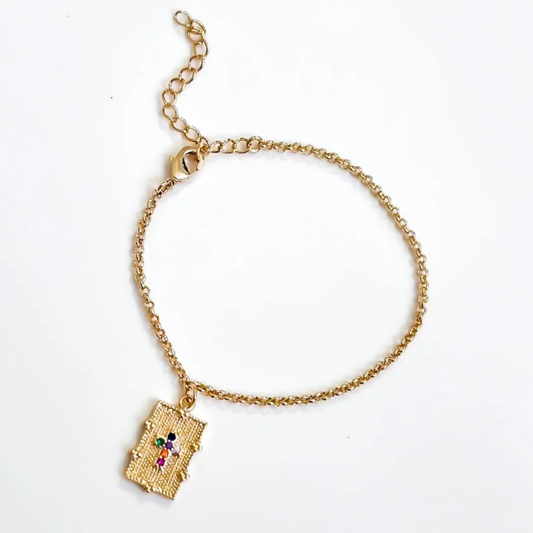 Pulseira chapa Cravejada com Crucifixo colors banhada a ouro 18K