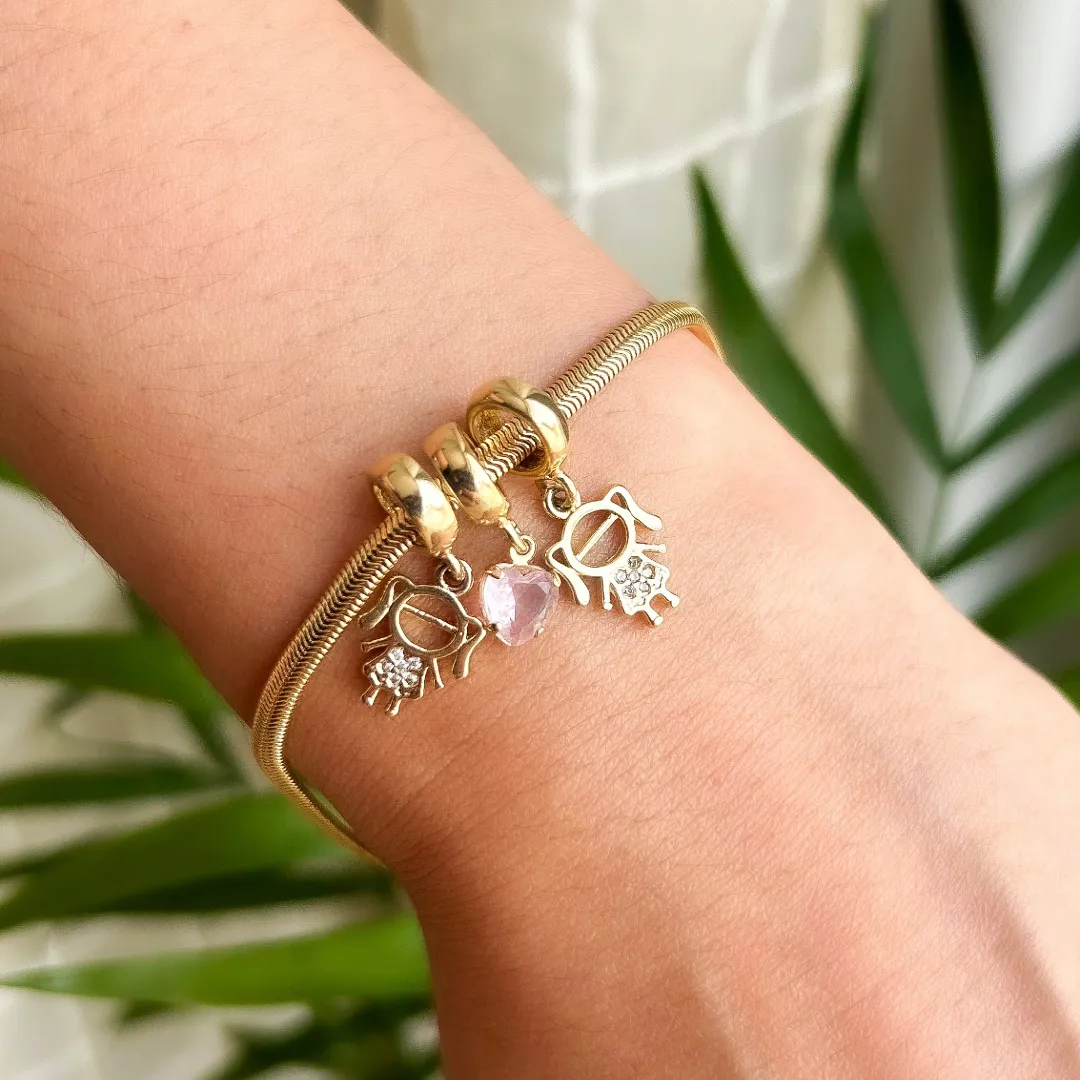PULSEIRA FILHOS DUAS MENINAS COM CRISTAL ROSA BANHADO A OURO 18K