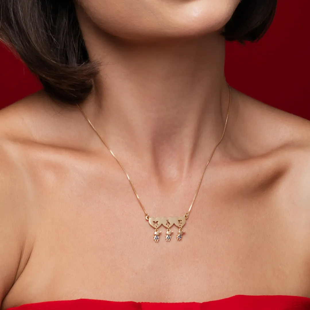 Colar Mãe de três Meninos com cristal azul banhado a ouro 18K