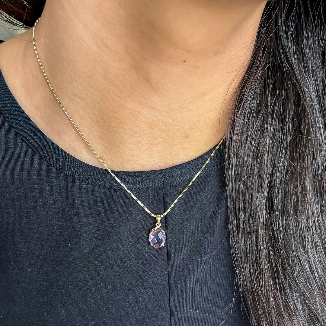 CONJUNTO OVAL CRISTAL LAVANDA BANHADO A OURO 18K AJUSTÁVEL 45CM