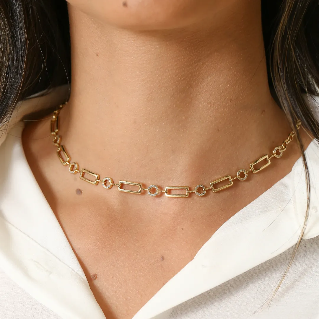 COLAR ELOS QUADRADO E REDONDO COM ZIRCONIAS BANHADO A OURO 18K AJUSTÁVEL 45CM