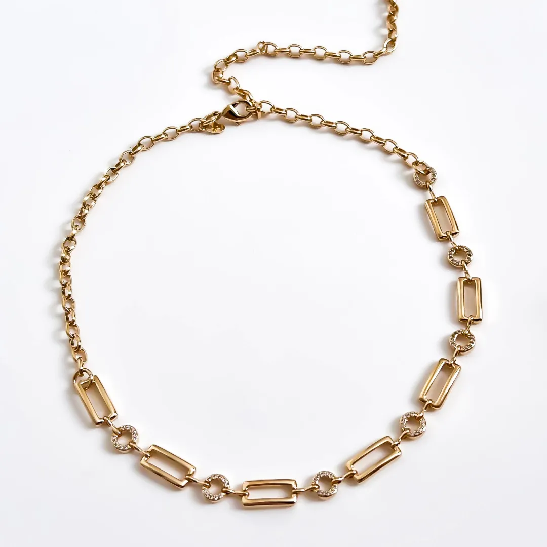 COLAR ELOS QUADRADO E REDONDO COM ZIRCONIAS BANHADO A OURO 18K AJUSTÁVEL 45CM