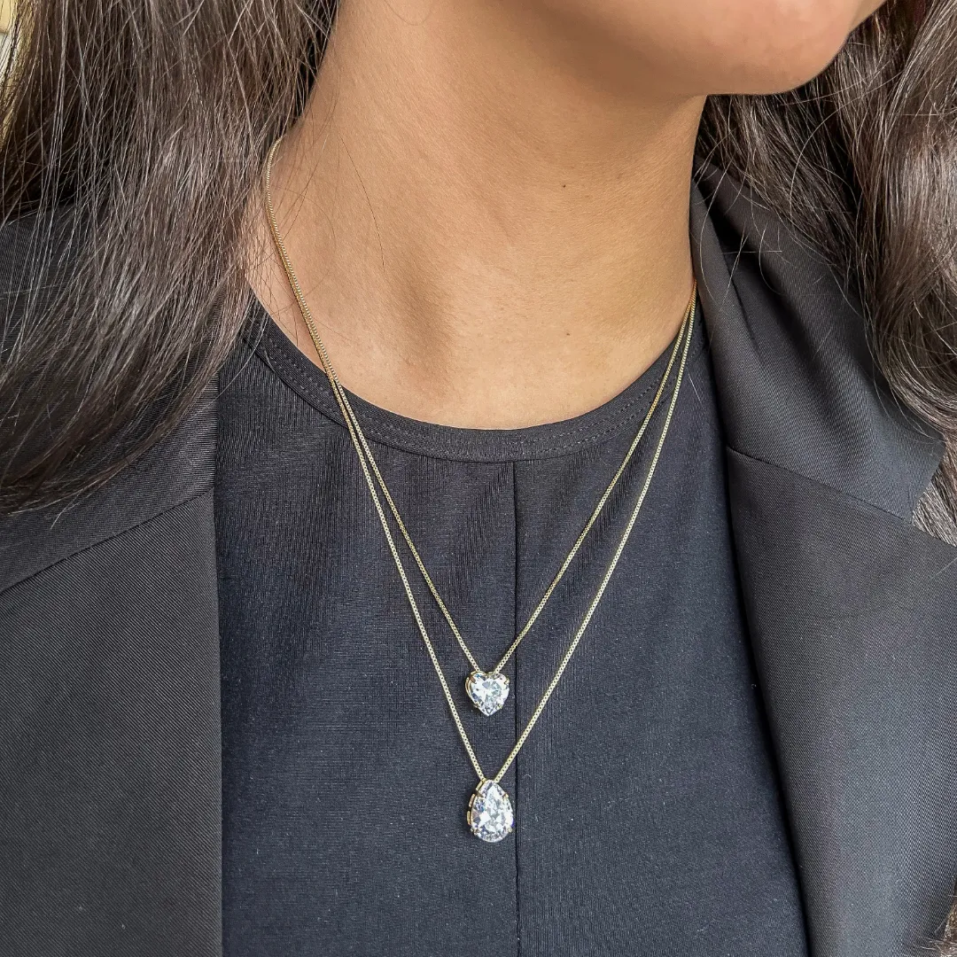 Colar Duplo com coração e Gota de cristal banhado a Ouro 18k