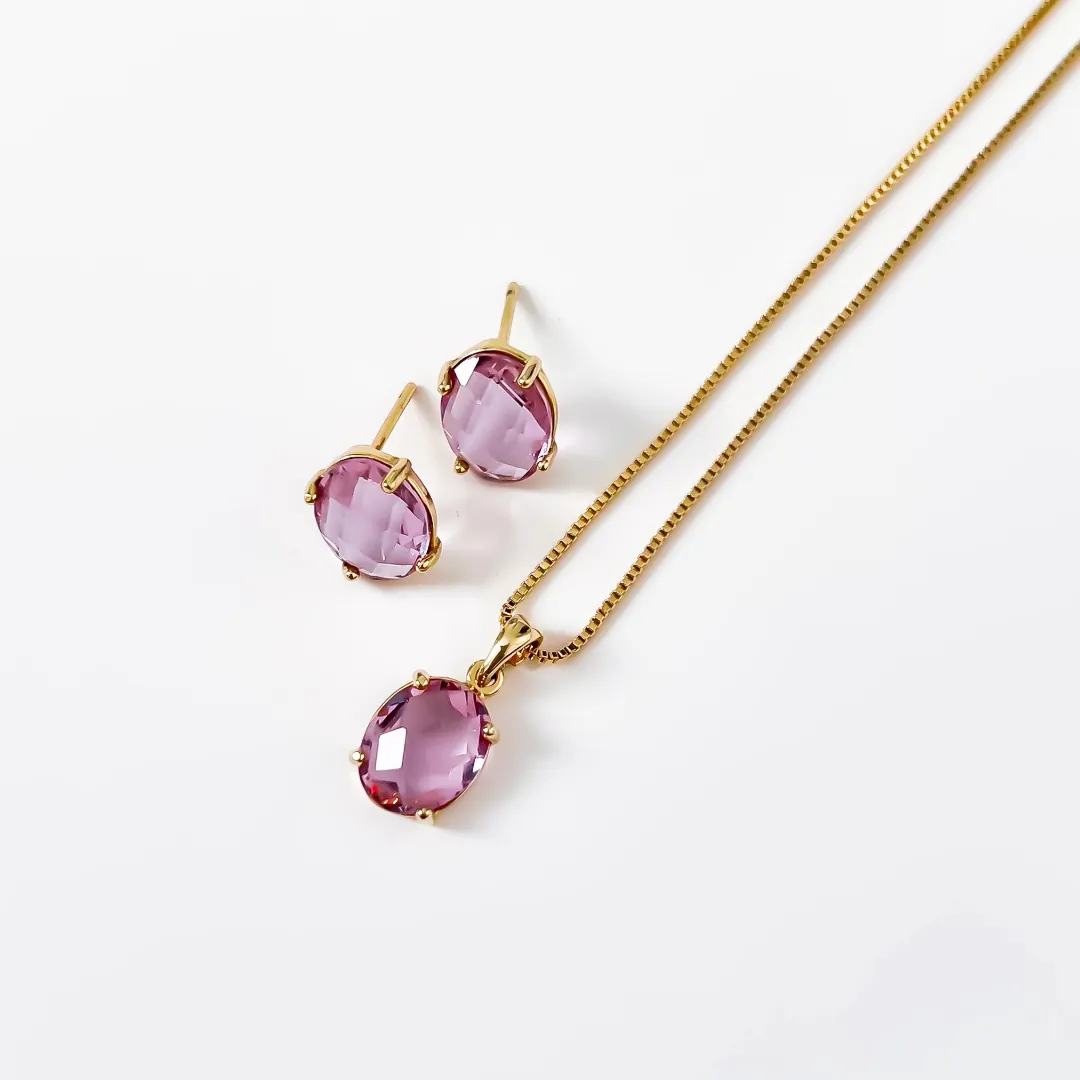 CONJUNTO OVAL CRISTAL LAVANDA BANHADO A OURO 18K AJUSTÁVEL 45CM