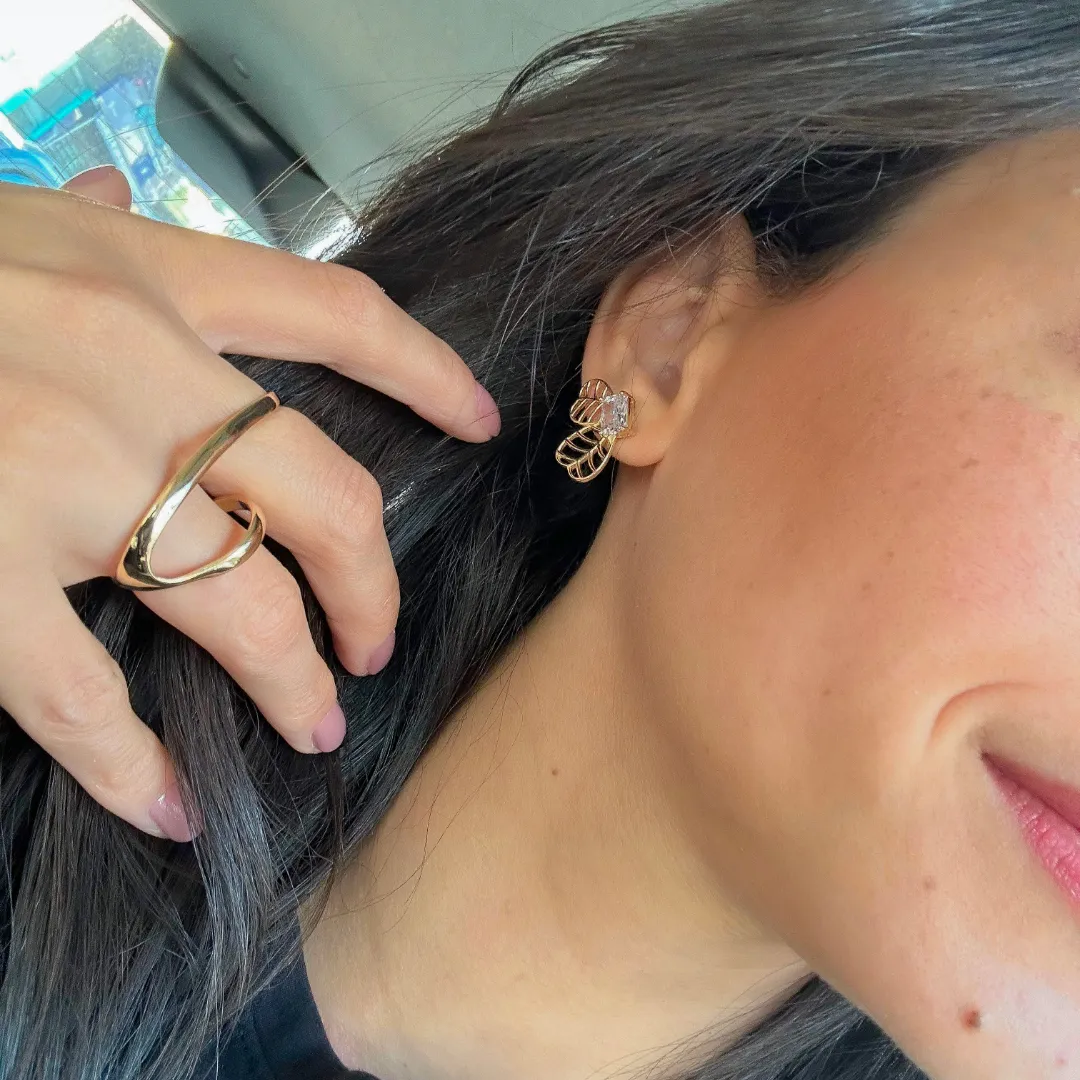 Anel onda dourada banhado a ouro 18K ajustável personalize como usar