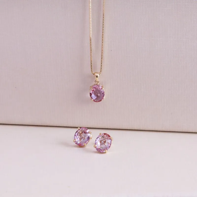 CONJUNTO OVAL CRISTAL LAVANDA BANHADO A OURO 18K AJUSTÁVEL 45CM